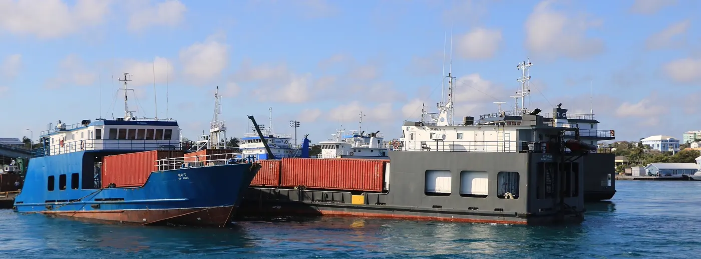 A RORO cargo vessel loaded with shipping containers in port