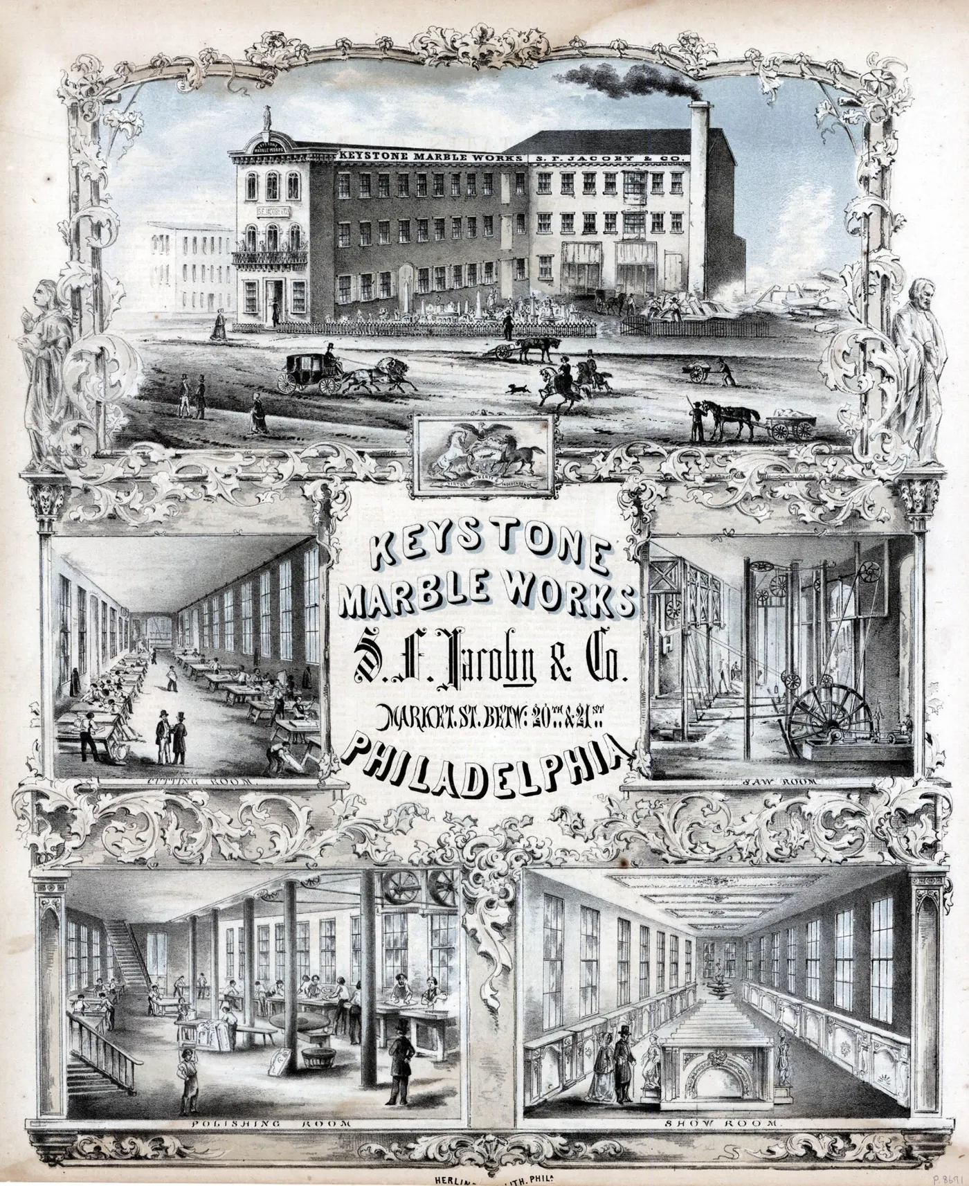 Historic engraving of a 19th-century marble processing works